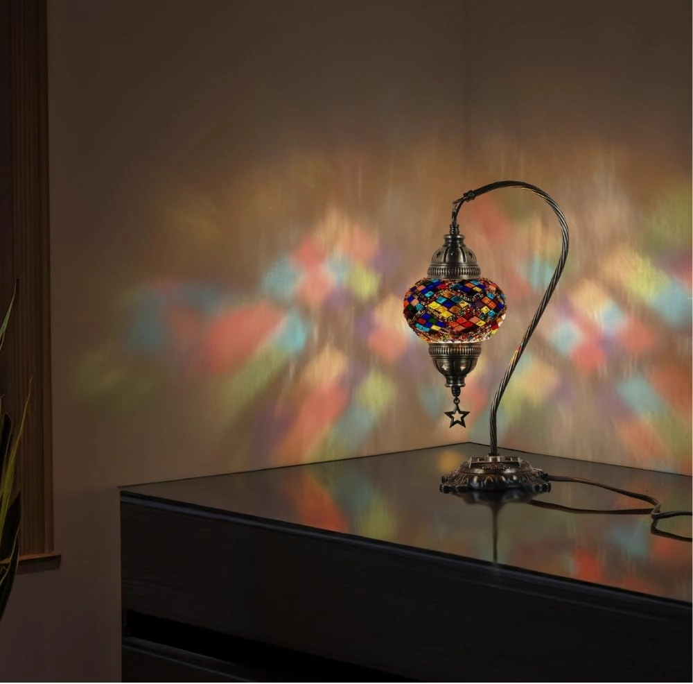 DEMMEX Turkish Table Lamp Moroccan Bedside Light Handmade Tiffany Mosaic Glass Boho Artisan Accent Lighting for Bedroom Living Room, Antique Brass Finish – 15" H, Multicolor