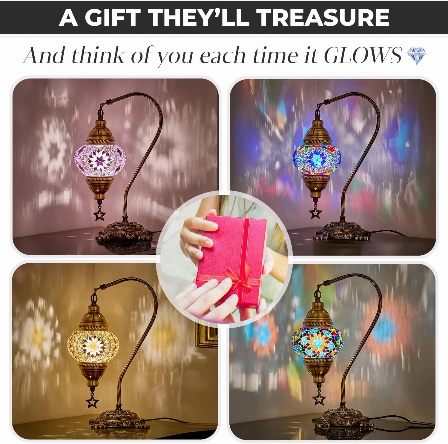 DEMMEX Turkish Table Lamp Moroccan Bedside Light Handmade Tiffany Mosaic Glass Boho Artisan Accent Lighting for Bedroom Living Room, Antique Brass Finish – 15" H, Multicolor