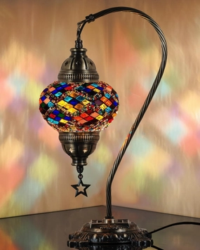 DEMMEX Turkish Table Lamp Moroccan Bedside Light Handmade Tiffany Mosaic Glass Boho Artisan Accent Lighting for Bedroom Living Room, Antique Brass Finish – 15" H, Multicolor