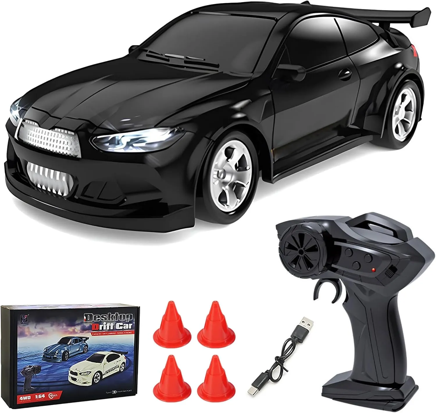 Desktop 4WD Mini Drift RC Car, 1/64 Scale Remote Control Car with LED Lights, Mini Racing Sports Cars Model Toys, Hobby Gift for Adults - FQD25/Black