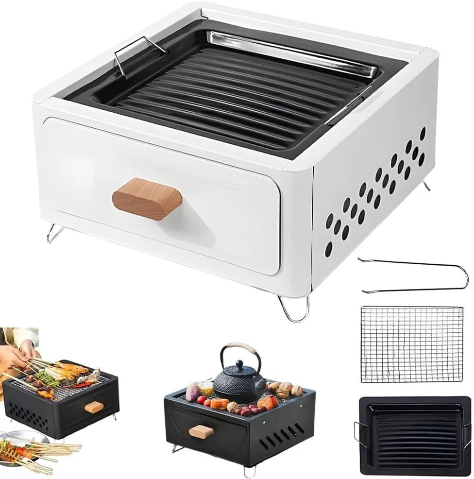 Desktop Charcoal Grill, Portable Table Top Small BBQ Grill, Tea Stove, Multi-Use Small Grill for Outdoor Cooking Camping Hiking Picnics Backpacking, Saving Space Grills, Home Camping Full Set(White Fr