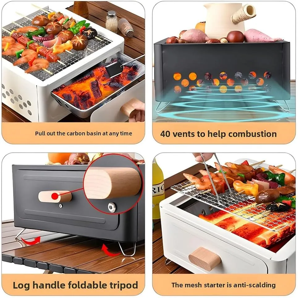 Desktop Charcoal Grill, Portable Table Top Small BBQ Grill, Tea Stove, Multi-Use Small Grill for Outdoor Cooking Camping Hiking Picnics Backpacking, Saving Space Grills, Home Camping Full Set(White Fr