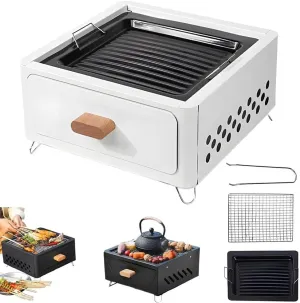 Desktop Charcoal Grill, Portable Table Top Small BBQ Grill, Tea Stove, Multi-Use Small Grill for Outdoor Cooking Camping Hiking Picnics Backpacking, Saving Space Grills, Home Camping Full Set(White Fr