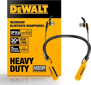 Dewalt Heavy Duty Bluetooth Neckband Headphones, Wireless Around The Neck Earbuds w/ 30H Runtime   Noise Isolation, Secure Magnetic Wireless Earbuds, Jobsite Pro Built-in Mic Bluetooth Headsets