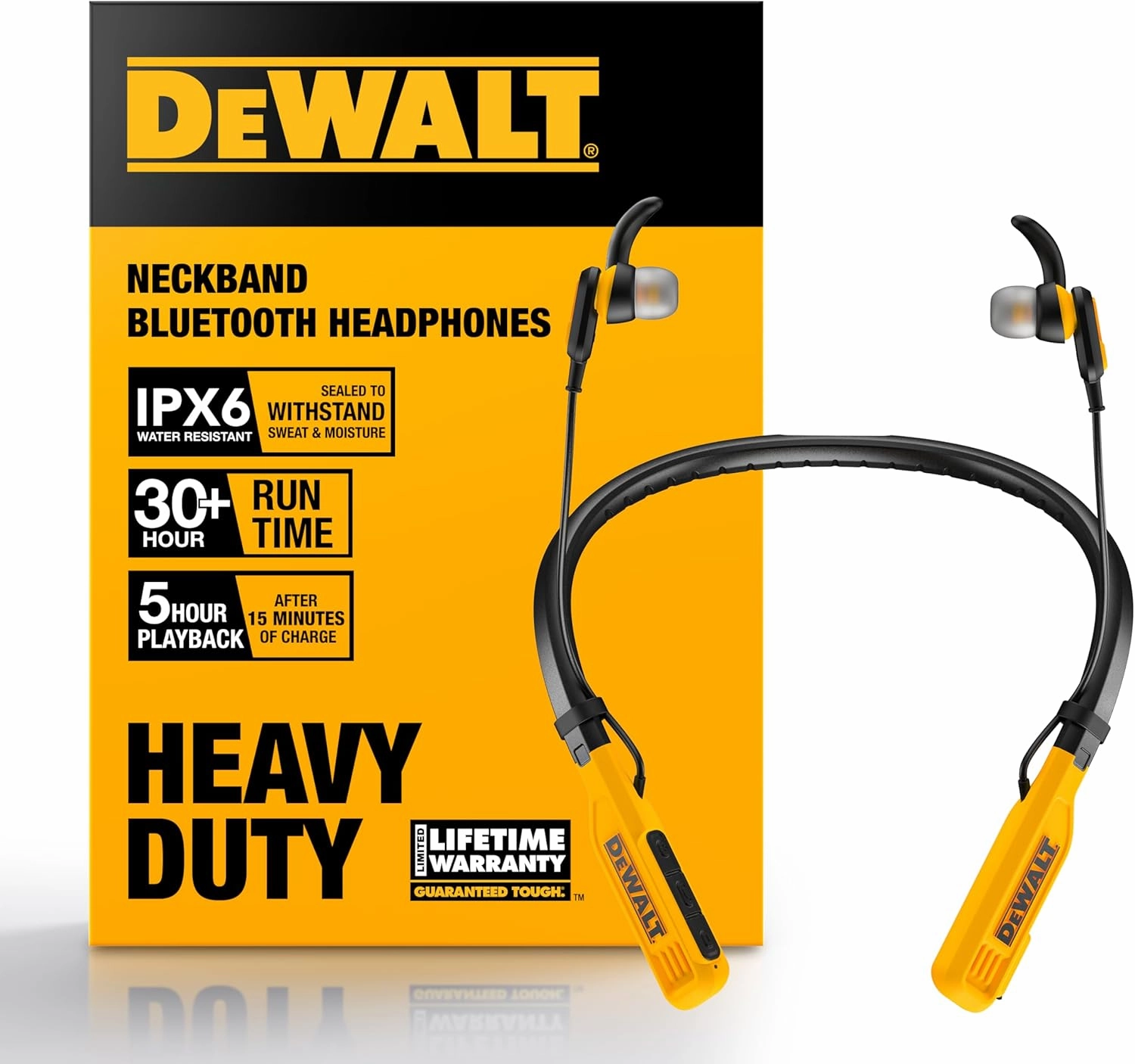 Dewalt Heavy Duty Bluetooth Neckband Headphones, Wireless Around The Neck Earbuds w/ 30H Runtime   Noise Isolation, Secure Magnetic Wireless Earbuds, Jobsite Pro Built-in Mic Bluetooth Headsets
