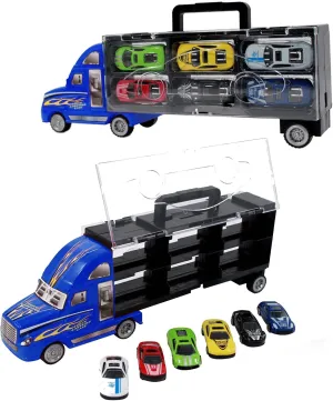 Die-Cast Car Toys Transporter Set with Large Carrying Truck, 6 Racing Cars, Slot for 12 Cars, for Kids, Children
