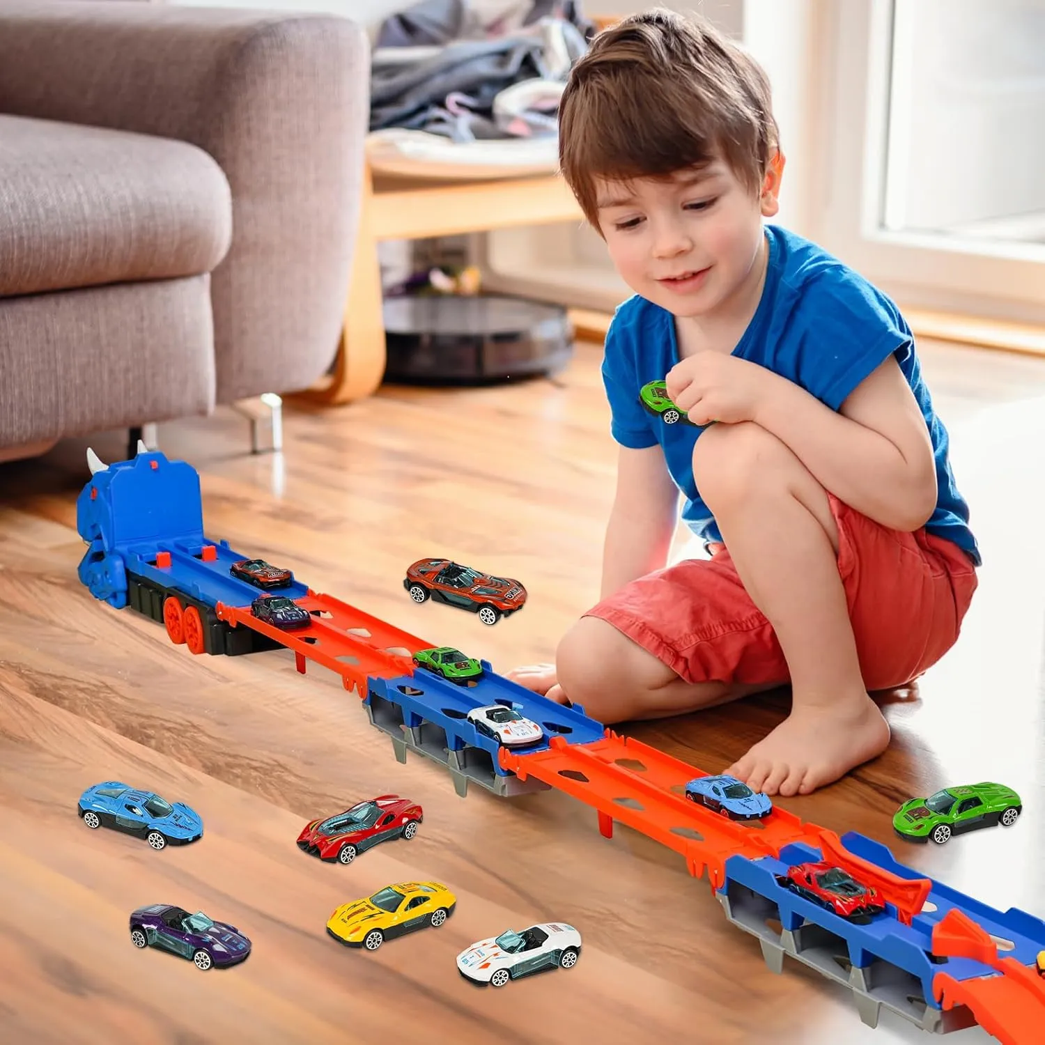 Dinosaur Foldable Truck Toy for Kids Ages 3-8 - Includes 12 Metal Mini Cars and Launcher, Dinosaur-Themed Transporter Truck with Handle, for Boys and Girls (Blue)