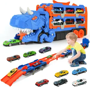 Dinosaur Foldable Truck Toy for Kids Ages 3-8 - Includes 12 Metal Mini Cars and Launcher, Dinosaur-Themed Transporter Truck with Handle, for Boys and Girls (Blue)