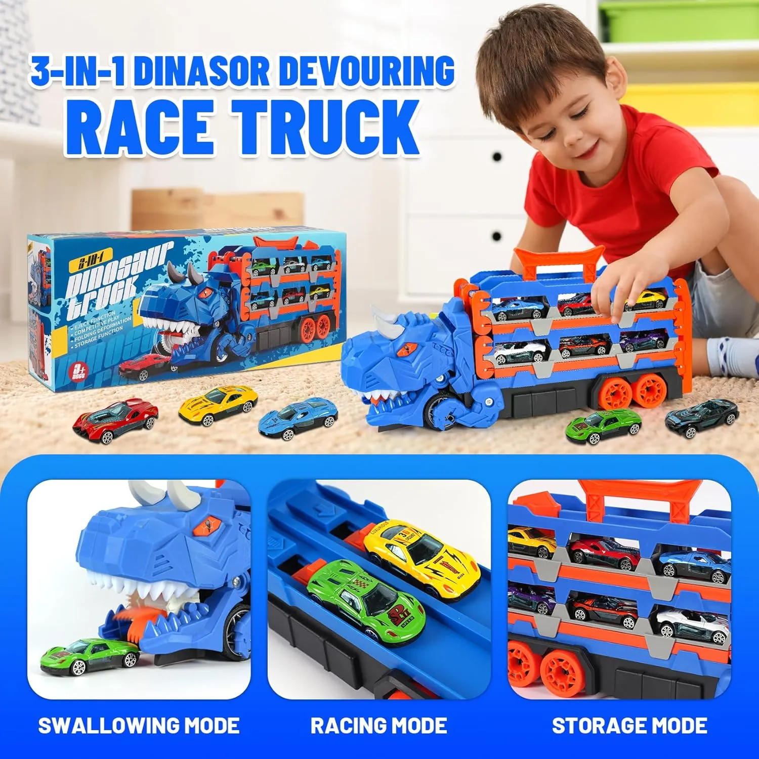 Dinosaur Foldable Truck Toy for Kids Ages 3-8 - Includes 12 Metal Mini Cars and Launcher, Dinosaur-Themed Transporter Truck with Handle, for Boys and Girls (Blue)