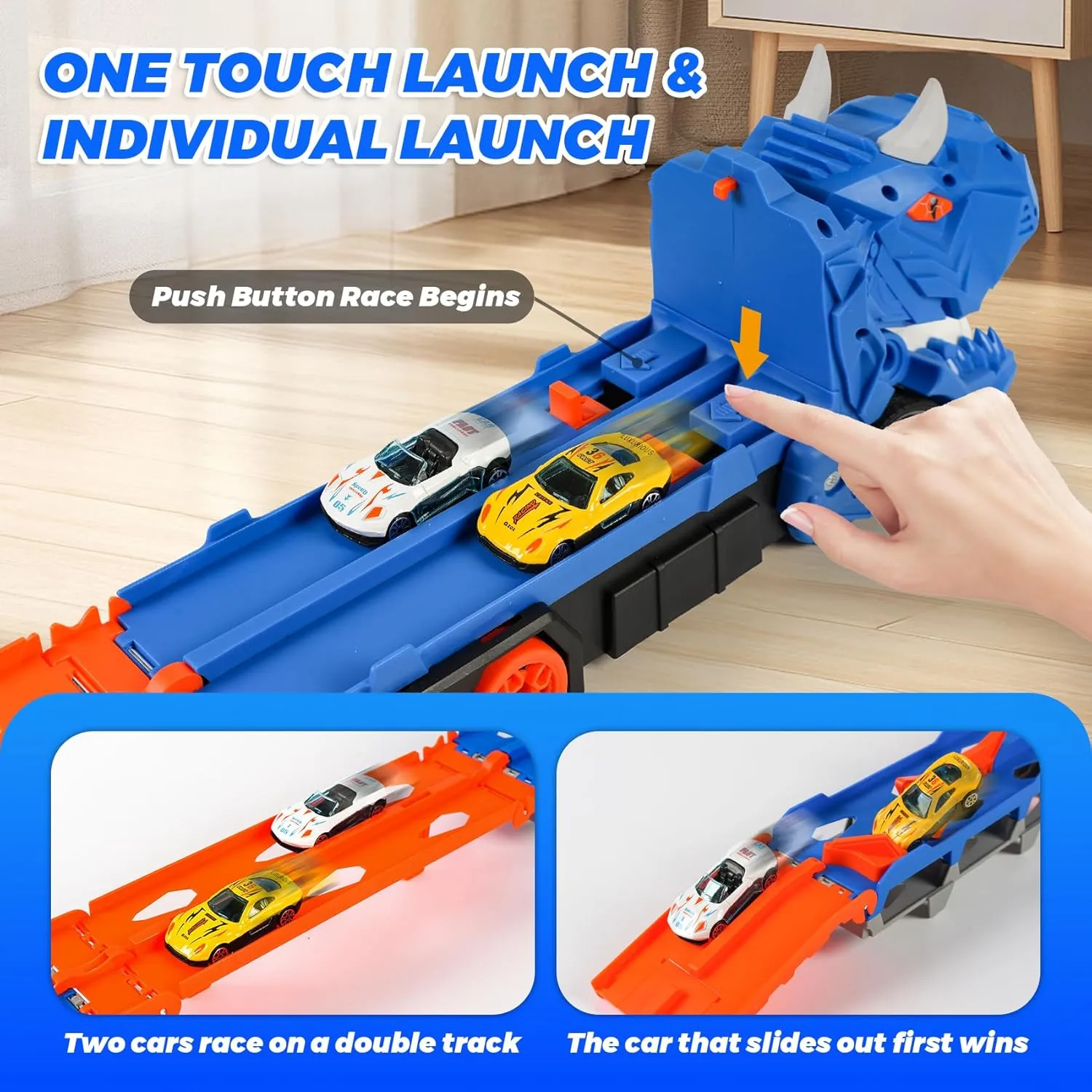 Dinosaur Foldable Truck Toy for Kids Ages 3-8 - Includes 12 Metal Mini Cars and Launcher, Dinosaur-Themed Transporter Truck with Handle, for Boys and Girls (Blue)