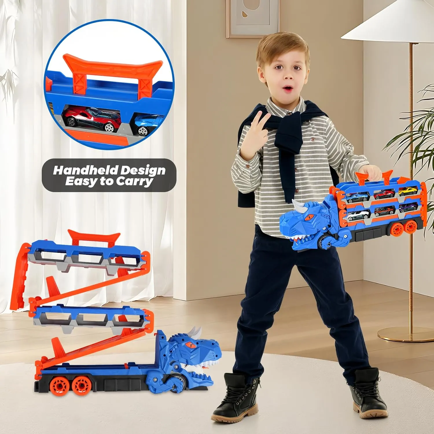 Dinosaur Foldable Truck Toy for Kids Ages 3-8 - Includes 12 Metal Mini Cars and Launcher, Dinosaur-Themed Transporter Truck with Handle, for Boys and Girls (Blue)