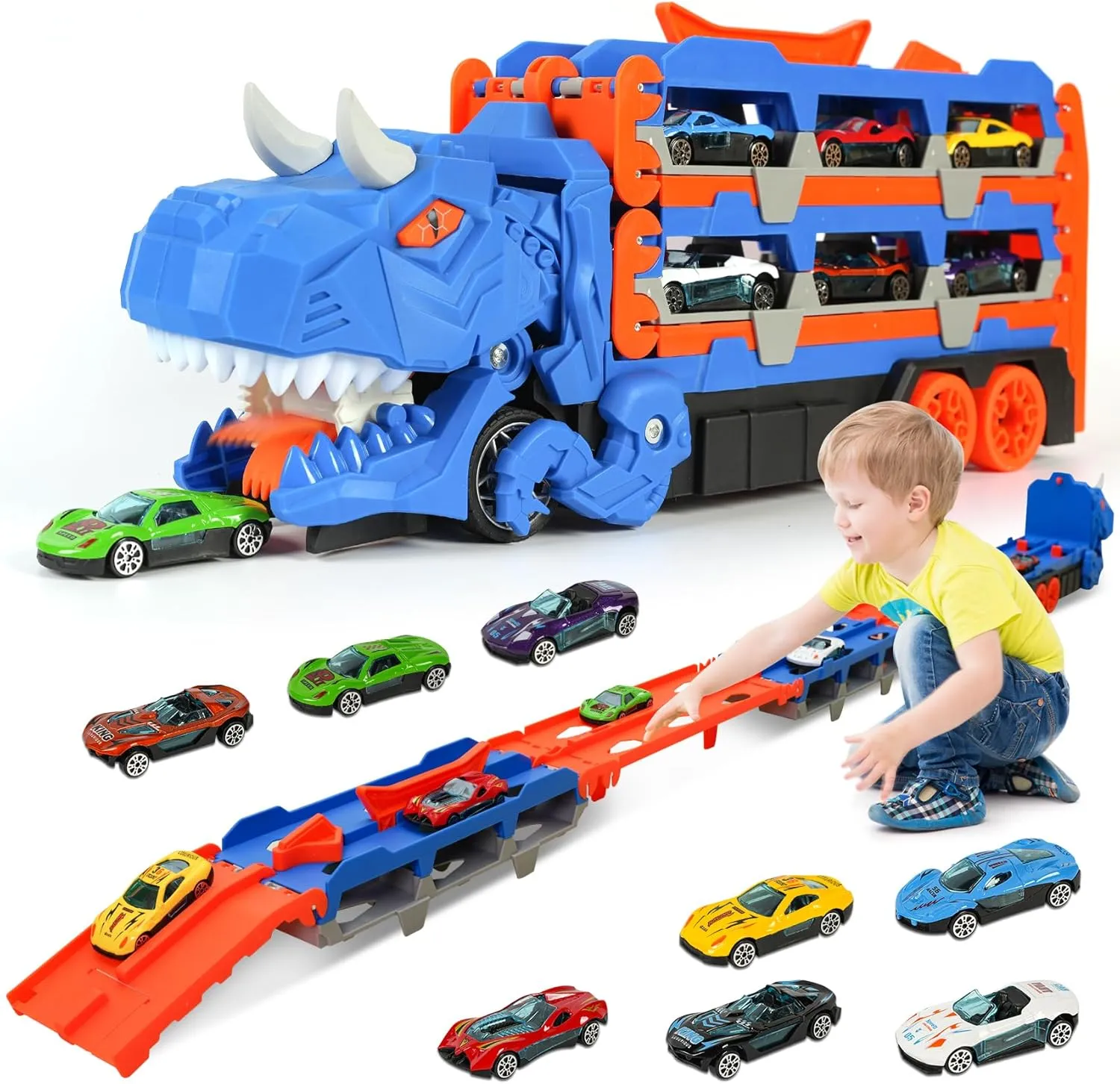Dinosaur Foldable Truck Toy for Kids Ages 3-8 - Includes 12 Metal Mini Cars and Launcher, Dinosaur-Themed Transporter Truck with Handle, for Boys and Girls (Blue)