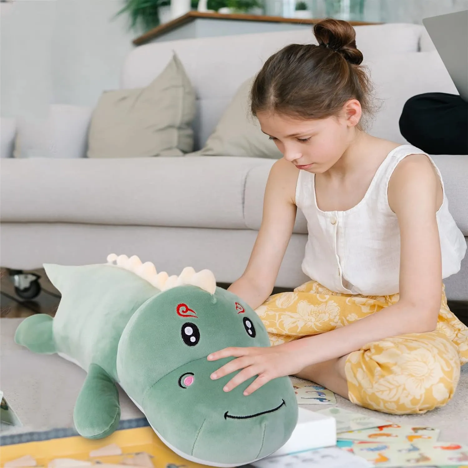 Dinosaur Plush Toy Pillow,Cute Dinosaur Stuffed Animals Doll,Soft Lumbar Back Cushion Big Dinosaur Plushies Stuffed Toy Cute Pillows,Great Gift for Kids Birthday,Valentine (Green,47.2in)