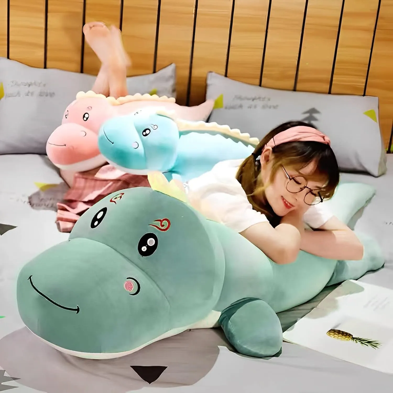 Dinosaur Plush Toy Pillow,Cute Dinosaur Stuffed Animals Doll,Soft Lumbar Back Cushion Big Dinosaur Plushies Stuffed Toy Cute Pillows,Great Gift for Kids Birthday,Valentine (Green,47.2in)