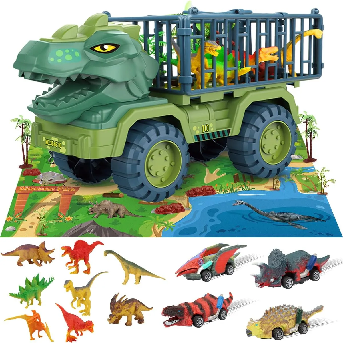 Dinosaur Truck Toys for Kids 3-5 Years, DUPHLAGT Tyrannosaurus Transport Cars Playset with Pull Back Dino Cars, Activity Play Mat for Boys and Girls 2-4 3-5 5-7 3 4 5 6 7