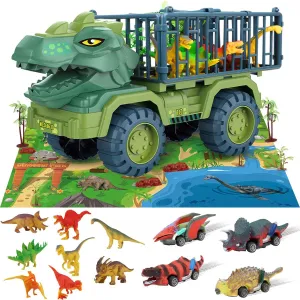 Dinosaur Truck Toys for Kids 3-5 Years, DUPHLAGT Tyrannosaurus Transport Cars Playset with Pull Back Dino Cars, Activity Play Mat for Boys and Girls 2-4 3-5 5-7 3 4 5 6 7