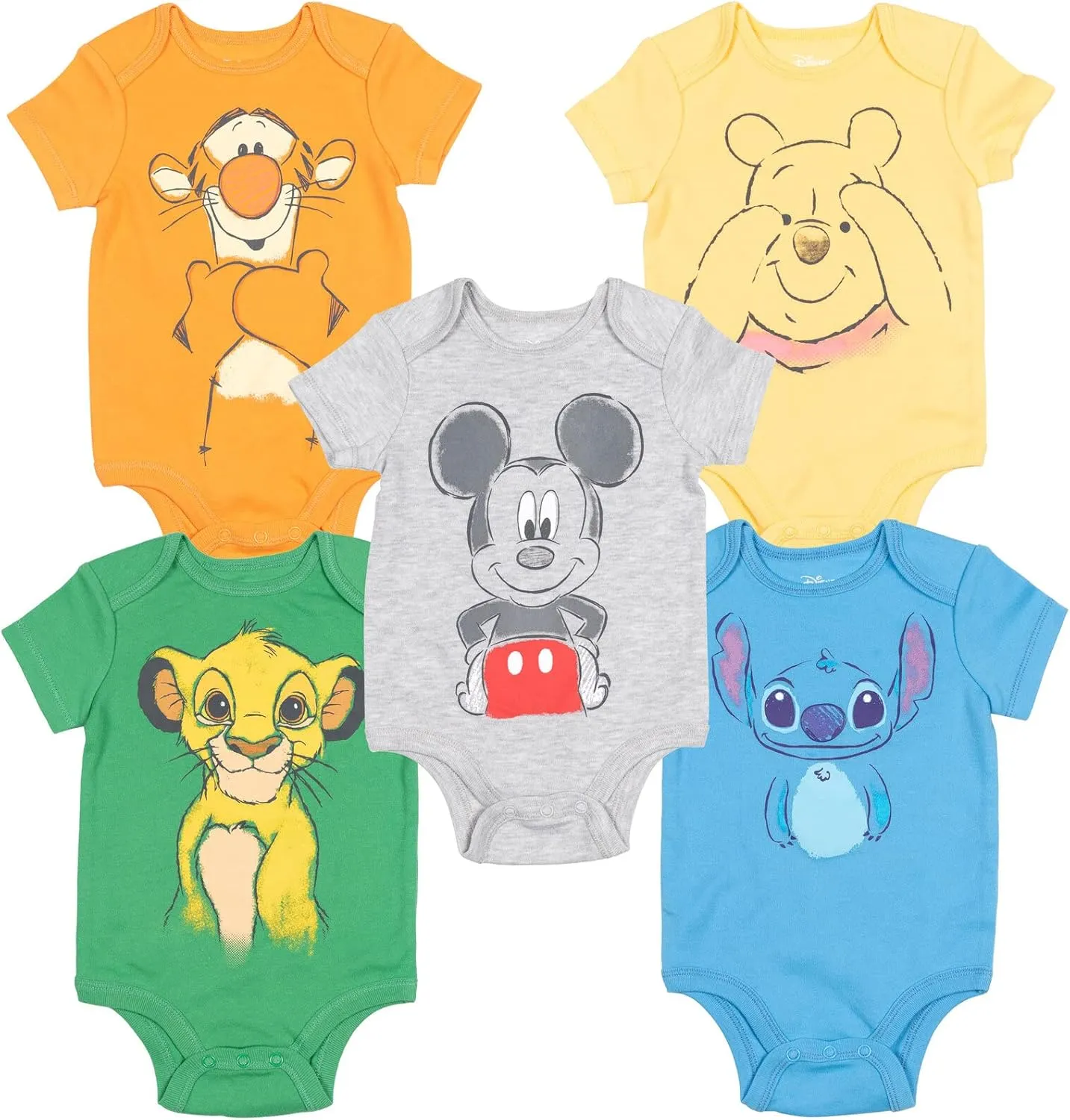 Disney Mickey Mouse Lion King Winnie the Pooh Pixar Toy Story Finding Nemo Baby 5 Pack Bodysuits Newborn to Infant