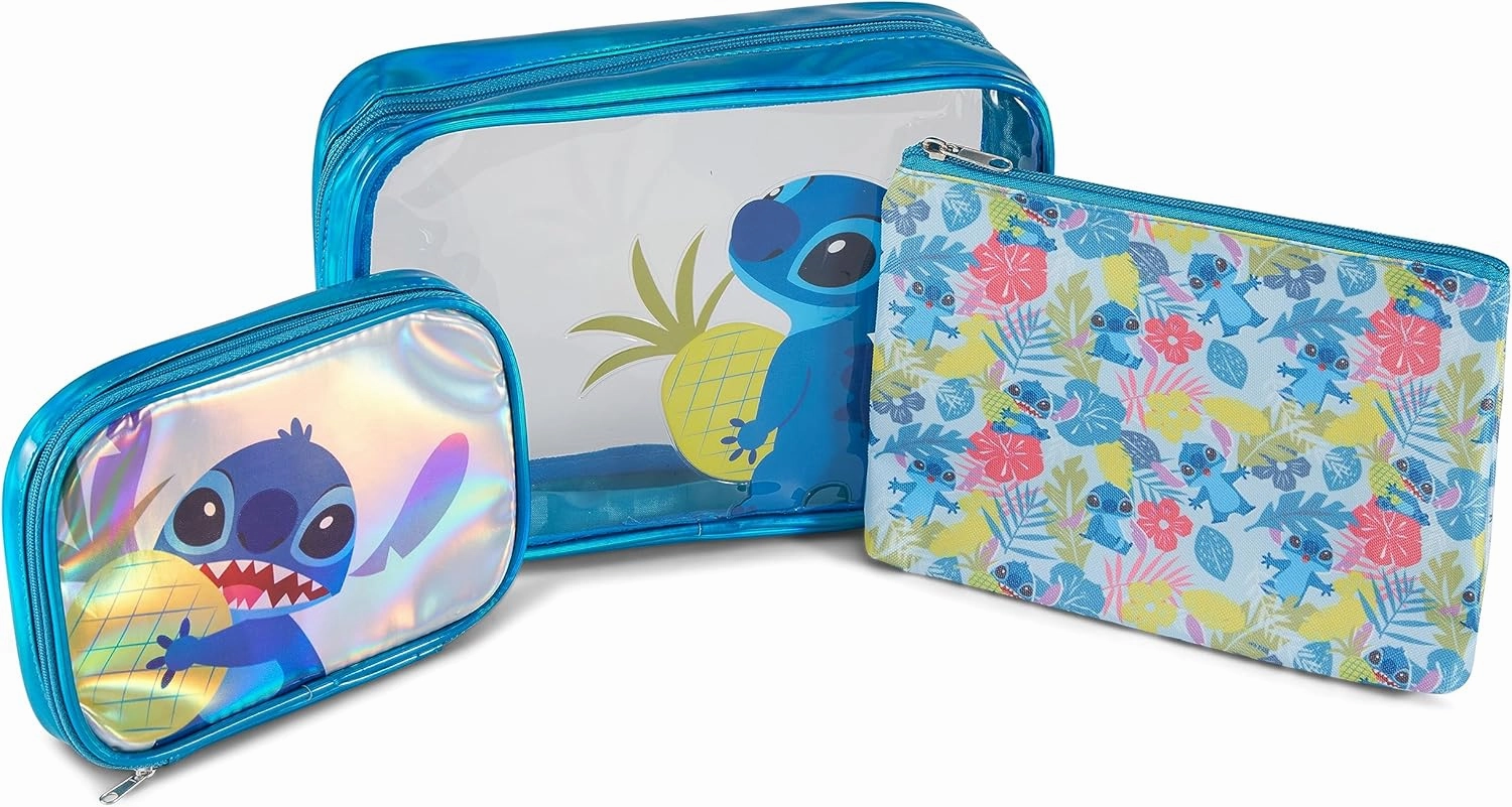 Disney Lilo and Stitch Cosmetic Case Set - Girls, Boys, Teens, Adults - Officially Licensed Lilo and Stitch Travel Cosmetic Case 3 Piece Set (Blue)