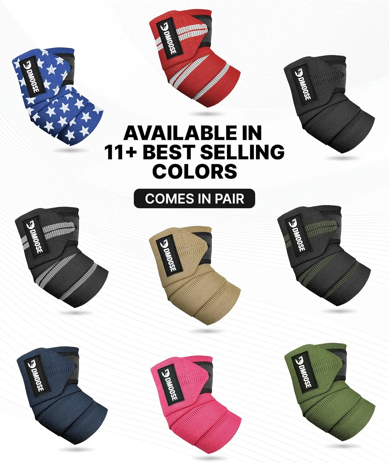 DMoose Fitness Elbow Wraps for Weightlifting (Pair) - 40'' Adjustable Elbow Strap for Gym Workout, Bench Press & Powerlifting - Compression Wraps for Tendonitis & Joint Support