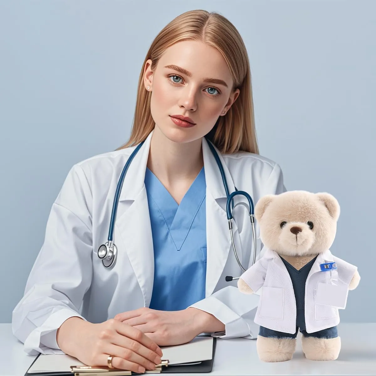 Doctor Teddy Bear - Soft Plush Toy with Removable Outfit, Gift for Doctors, Med School Students and Kids, BeigeBlue