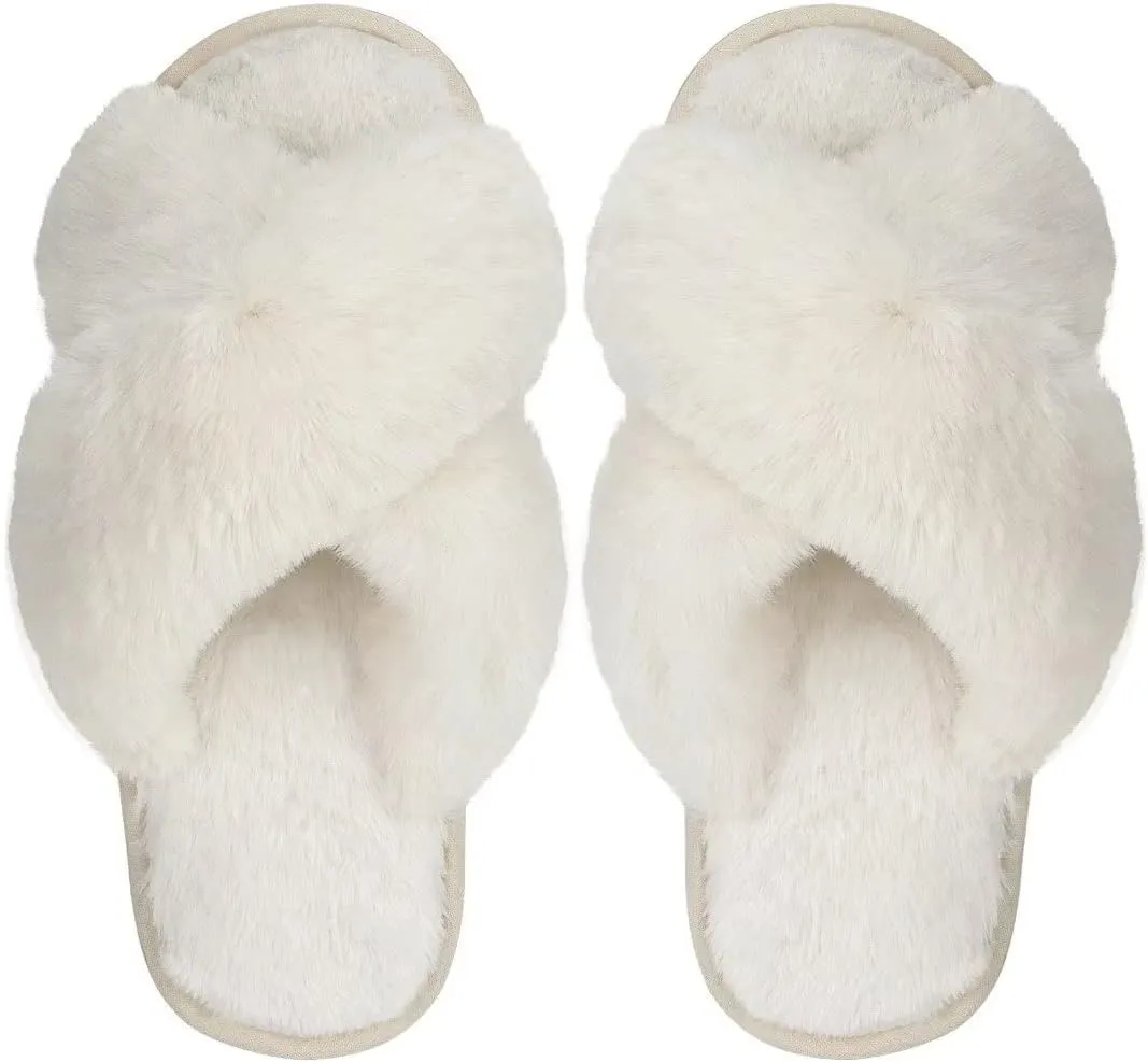DOIOWN Women's Fuzzy Slippers Memory Foam Cute House Slippers Plush Fluffy Furry Open Toe Home Shoes Bridal Bridesmaid Gifts for Wedding