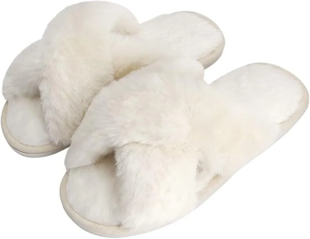 DOIOWN Women's Fuzzy Slippers Memory Foam Cute House Slippers Plush Fluffy Furry Open Toe Home Shoes Bridal Bridesmaid Gifts for Wedding
