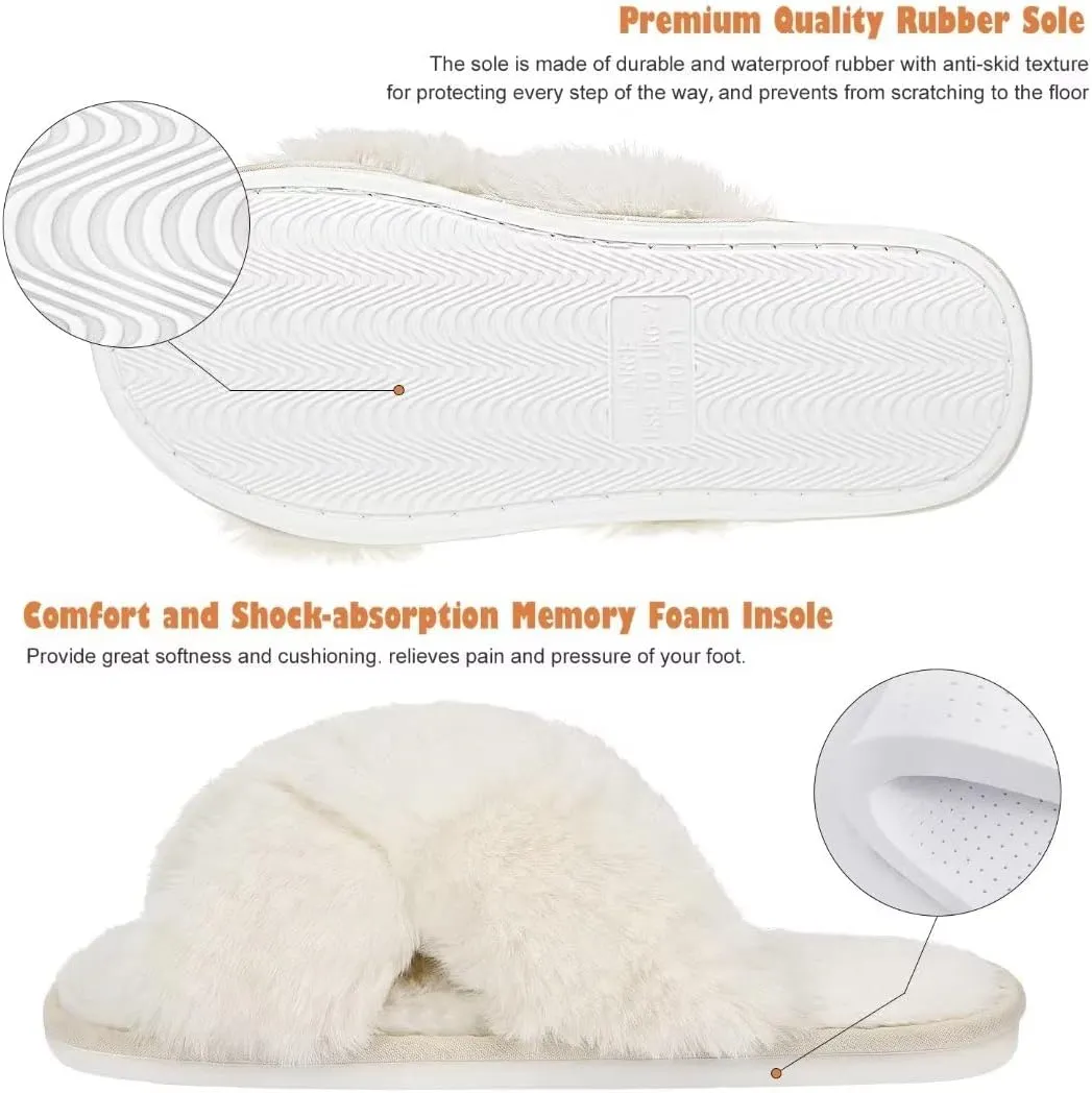 DOIOWN Women's Fuzzy Slippers Memory Foam Cute House Slippers Plush Fluffy Furry Open Toe Home Shoes Bridal Bridesmaid Gifts for Wedding
