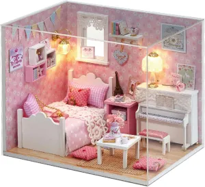 Dollhouse Miniature DIY Kit with Decoration Furniture and LED Lights - Handmade 3D Miniature with Cover - DIY Wooden Dollhouse with English Instructions (Sunshine Princess Style)