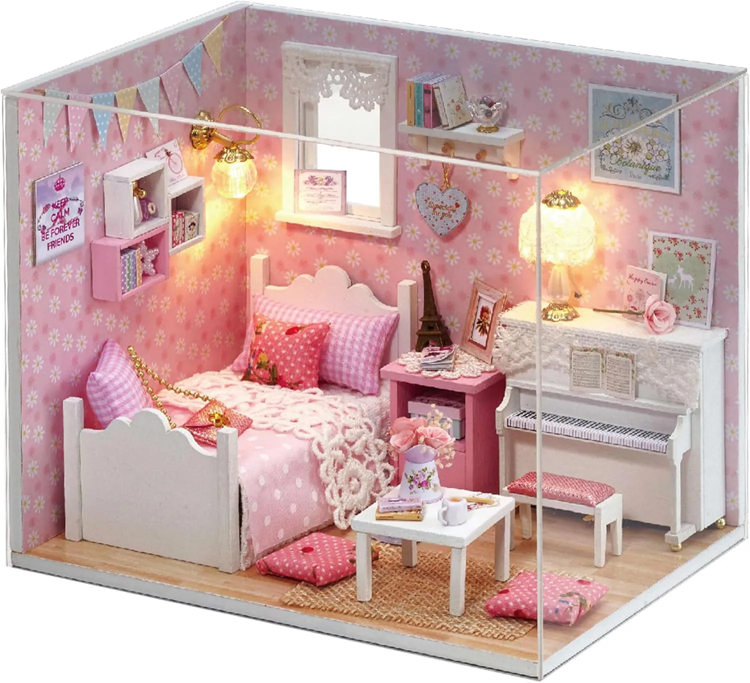 Dollhouse Miniature DIY Kit with Decoration Furniture and LED Lights - Handmade 3D Miniature with Cover - DIY Wooden Dollhouse with English Instructions (Sunshine Princess Style)