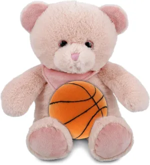 DolliBu Baby Pink Bear Stuffed Animal with Basketball Plush - Soft Huggable Pink Bear, Adorable Playtime Plush Toy, Cute Wildlife Gift, Personalized Plush Doll Animal Toy for Kids and Adults - 8 Inch