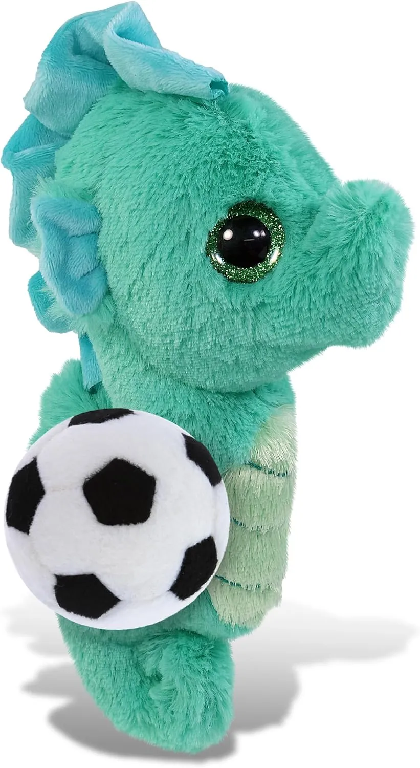 DolliBu Big Eye Seahorse Stuffed Animal with Soccer Ball Plush - Huggable Seahorse Adorable Playtime Plush Toy, Cute Ocean Life Gift, Super Soft Stuffed Doll Animal Toy for Kids, Adults - 10 Inches