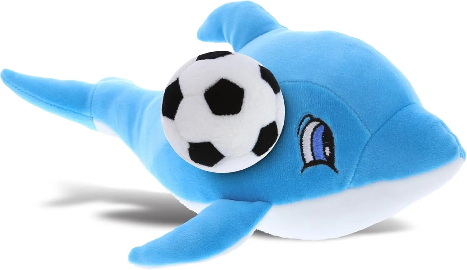 DolliBu Blue Dolphin Stuffed Animal with Soccer Ball Plush - Soft Huggable Dolphin, Adorable Playtime Dolphin Plush Toy, Cute Ocean Life Gift for Kids and Adults - 12 Inch