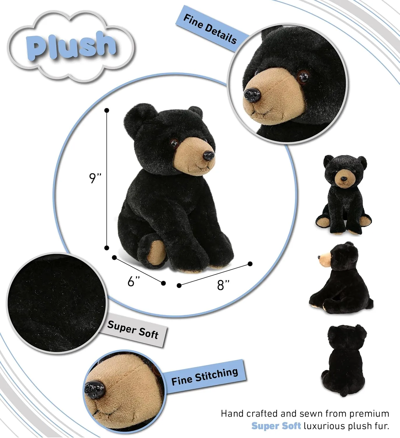 DolliBu Floppy Black Bear Stuffed Animal - Soft Huggable Black Bear, Adorable Playtime Bear Plush Toy, Cute Wild Life Cuddle Gifts, Super Soft Plush Doll Animal Toy for Kids and Adults - 9 inches