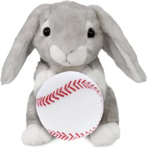 DolliBu Grey Rabbit Stuffed Animal with Baseball Plush - Soft and Huggable Stuffed Rabbit Toy Gift, Cute Farm Life Animal with Plush Baseball Toy for Kids - 6.5 Inches