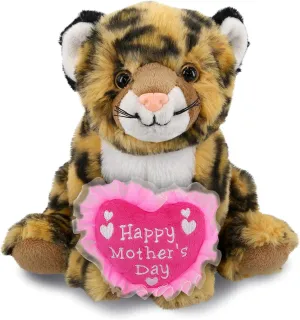 DolliBu Happy Mother's Day Super Soft Plush Squat Leopard - Cute Stuffed Animal Present with Pink Heart Message for Best Mommy, Grandma, Wife, Daughter - Cute Wild Life Plush Toy Gift - 8 Inches