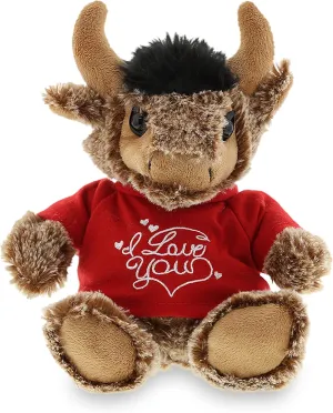 DolliBu I Love You Valentine Plush Sitting Buffalo - Cuddly Soft Cute Stuffed Animal with Red Heart Shirt Gift for Valentines Day, Birthday Present, Anniversary – 8 Inches