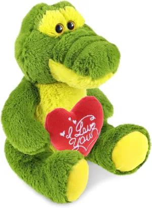 DolliBu I Love You Valentine Plush Sitting Green Alligator - Cute Stuffed Animal with Red Heart and Name Personalization Gift for Valentines Day, Birthday, Anniversary, Romantic Date - 12 Inches