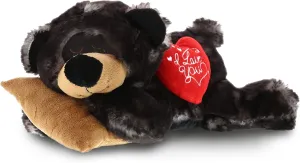 DolliBu I Love You Valentine Plush Sleeping Black Bear with Pillow - Cute Soft Cuddly Stuffed Animal with Red Heart Gift for Valentines Day, Birthday Present, Anniversary, Romantic Date - 10 Inches