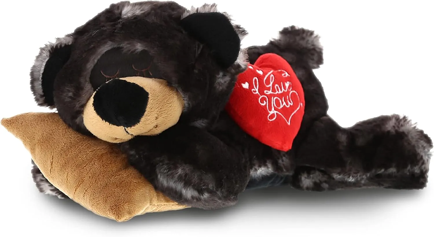 DolliBu I Love You Valentine Plush Sleeping Black Bear with Pillow - Cute Soft Cuddly Stuffed Animal with Red Heart Gift for Valentines Day, Birthday Present, Anniversary, Romantic Date - 10 Inches
