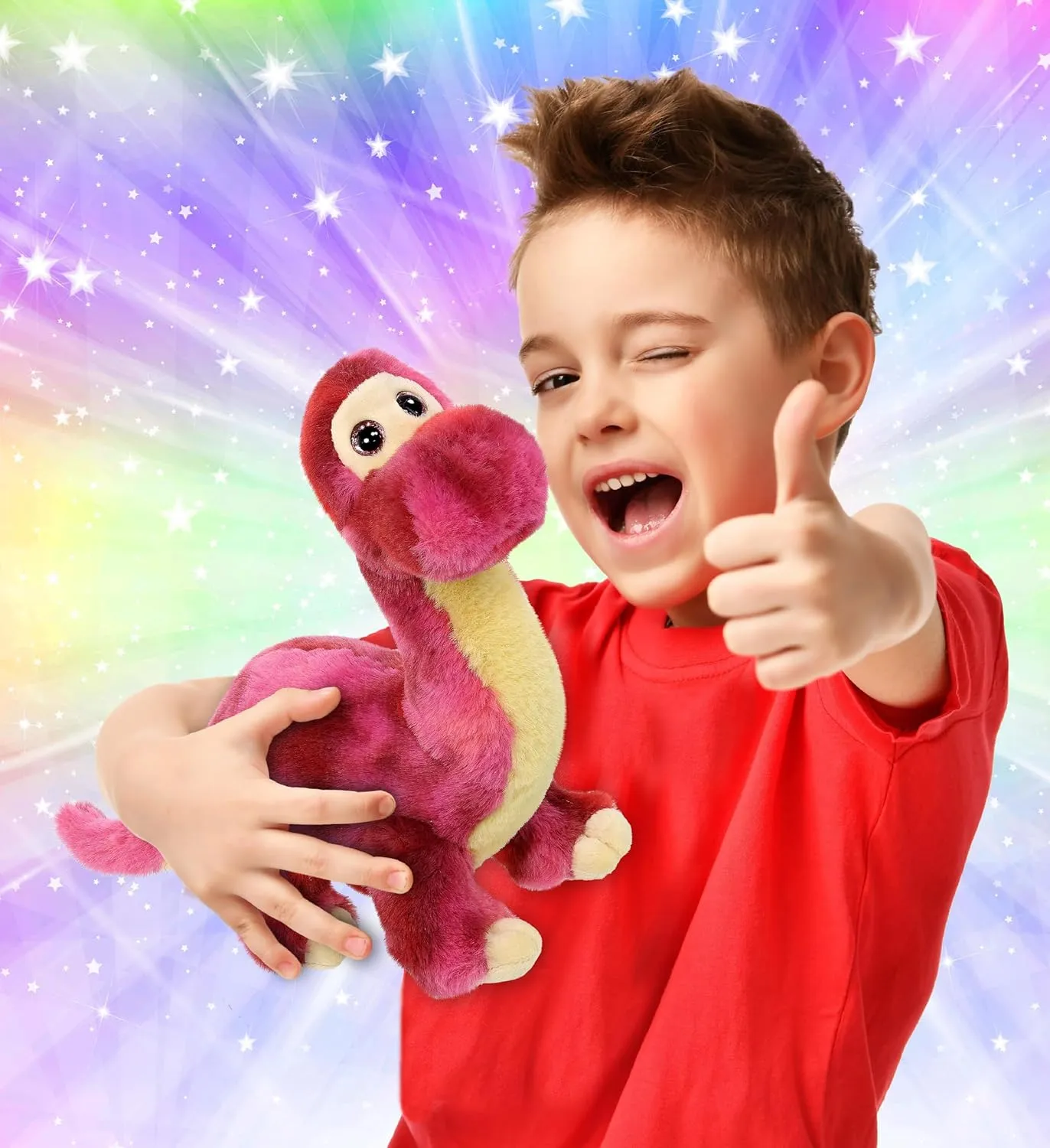 DolliBu Pink Tie-Dye Dinosaur Stuffed Animal - Huggable, Adorable Playtime Dino Plush Toy, Cute Extinct Animal Cuddle Gifts, Super Soft Plush Doll Toy for Kids and Adults - 9 Inches