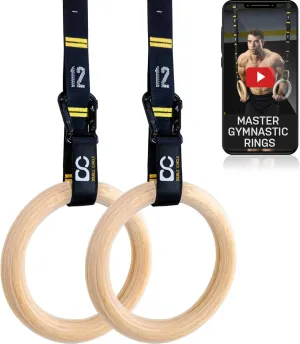 Double Circle Wood Gymnastics Rings with Quick Adjust Numbered Straps and Exercise Videos Guide - Full Body Workout Rings, Calisthenics, Home Gym (Multi-Size)