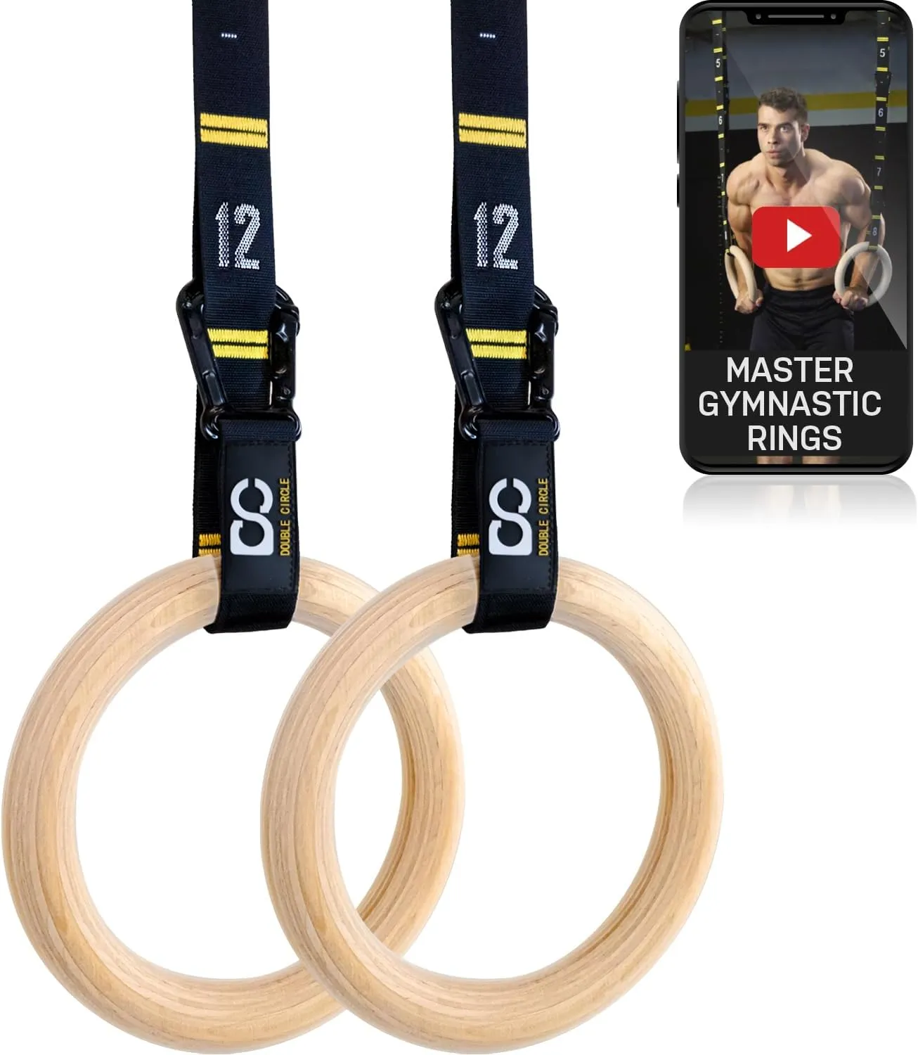 Double Circle Wood Gymnastics Rings with Quick Adjust Numbered Straps and Exercise Videos Guide - Full Body Workout Rings, Calisthenics, Home Gym (Multi-Size)