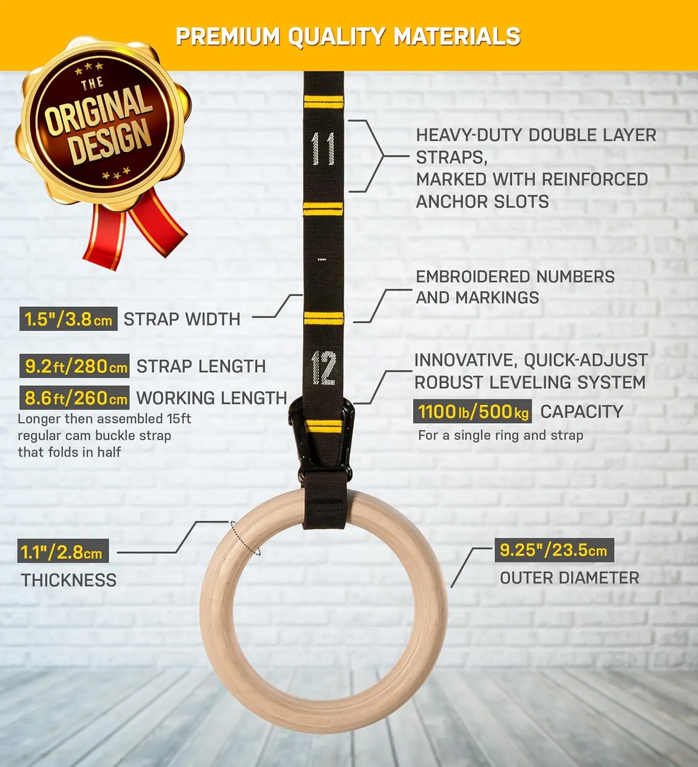 Double Circle Wood Gymnastics Rings with Quick Adjust Numbered Straps and Exercise Videos Guide - Full Body Workout Rings, Calisthenics, Home Gym (Multi-Size)
