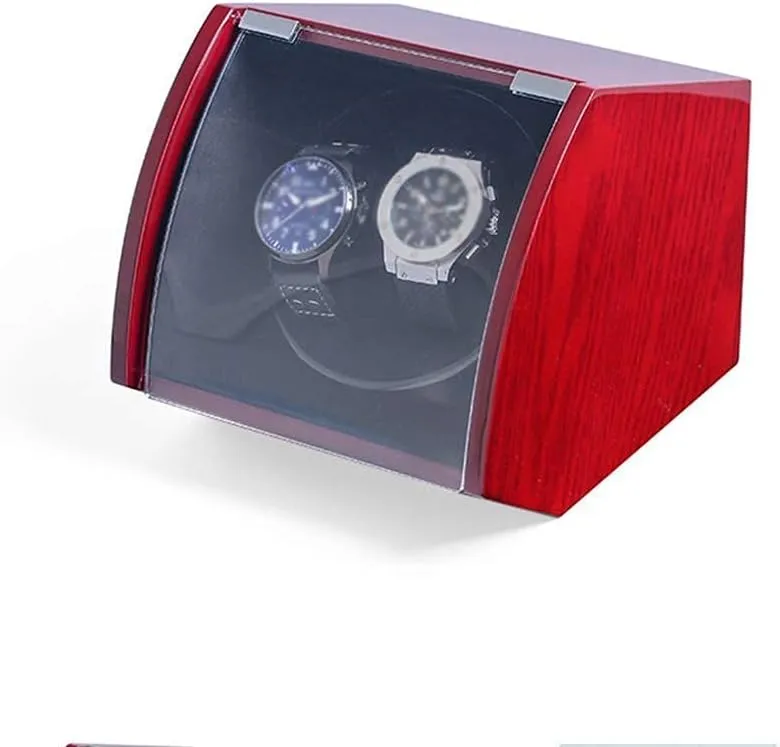 Double Watch Winder for Automatic Watches Wood Shell Piano Paint Exterior Flexible Plush Pillow Red and Blue