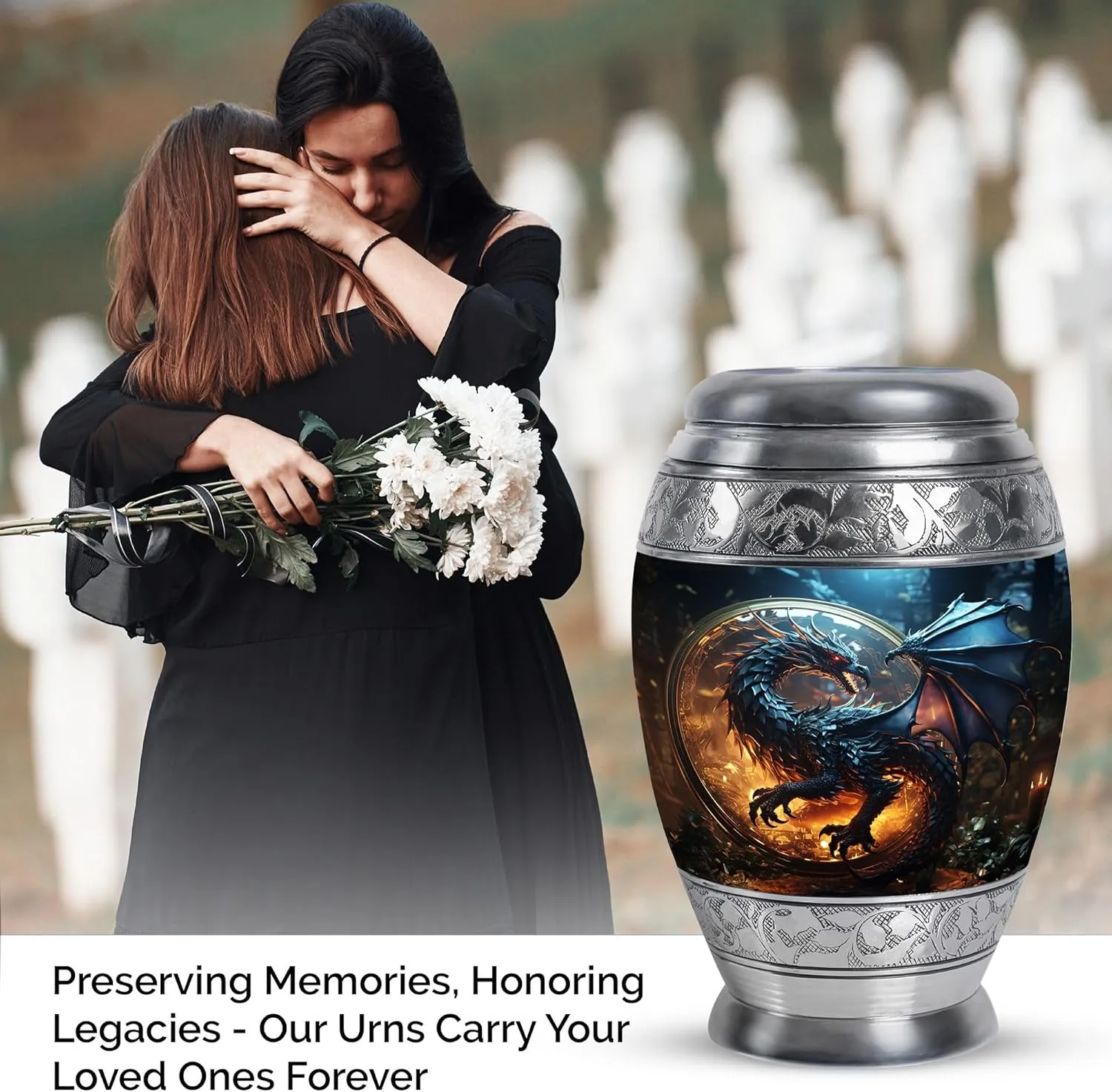 Dragon of The Enchanted Globe - Burial Urns for Adult Human Ashes - Large & Small Keepsake for Men & Women - Combo of 1 Large Urn with Velvet Bag and 1 Small - Memorial Urn - Decorative Urns