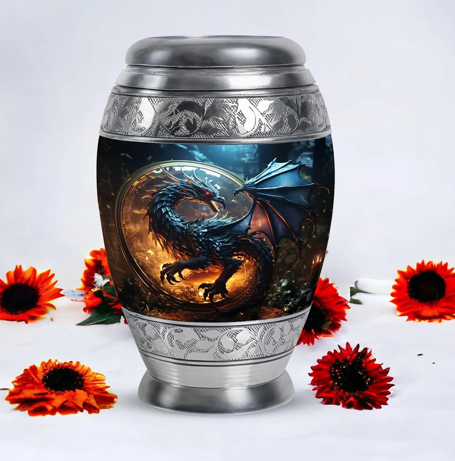 Dragon of The Enchanted Globe - Burial Urns for Adult Human Ashes - Large & Small Keepsake for Men & Women - Combo of 1 Large Urn with Velvet Bag and 1 Small - Memorial Urn - Decorative Urns