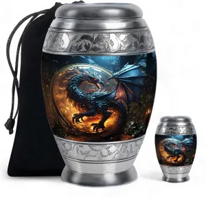 Dragon of The Enchanted Globe - Burial Urns for Adult Human Ashes - Large & Small Keepsake for Men & Women - Combo of 1 Large Urn with Velvet Bag and 1 Small - Memorial Urn - Decorative Urns