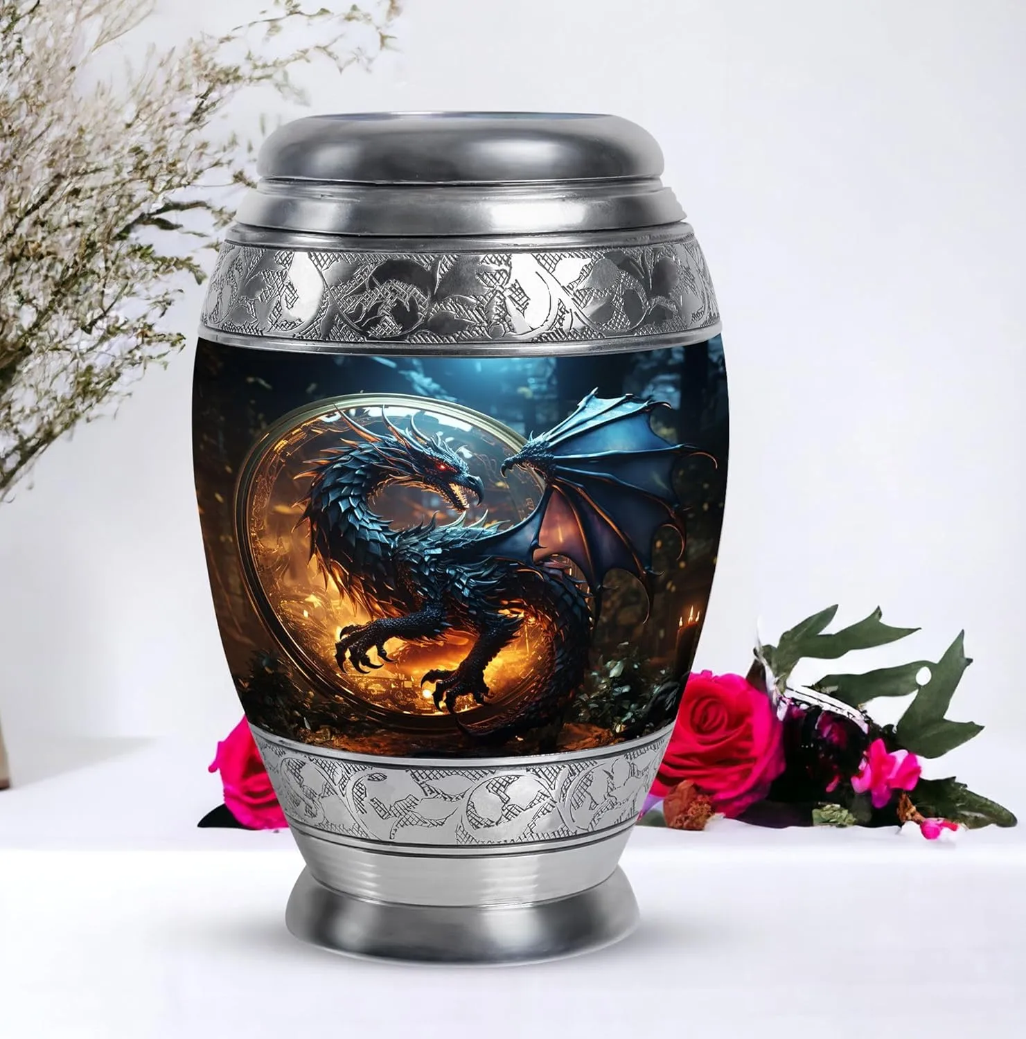 Dragon of The Enchanted Globe - Burial Urns for Adult Human Ashes - Large & Small Keepsake for Men & Women - Combo of 1 Large Urn with Velvet Bag and 1 Small - Memorial Urn - Decorative Urns