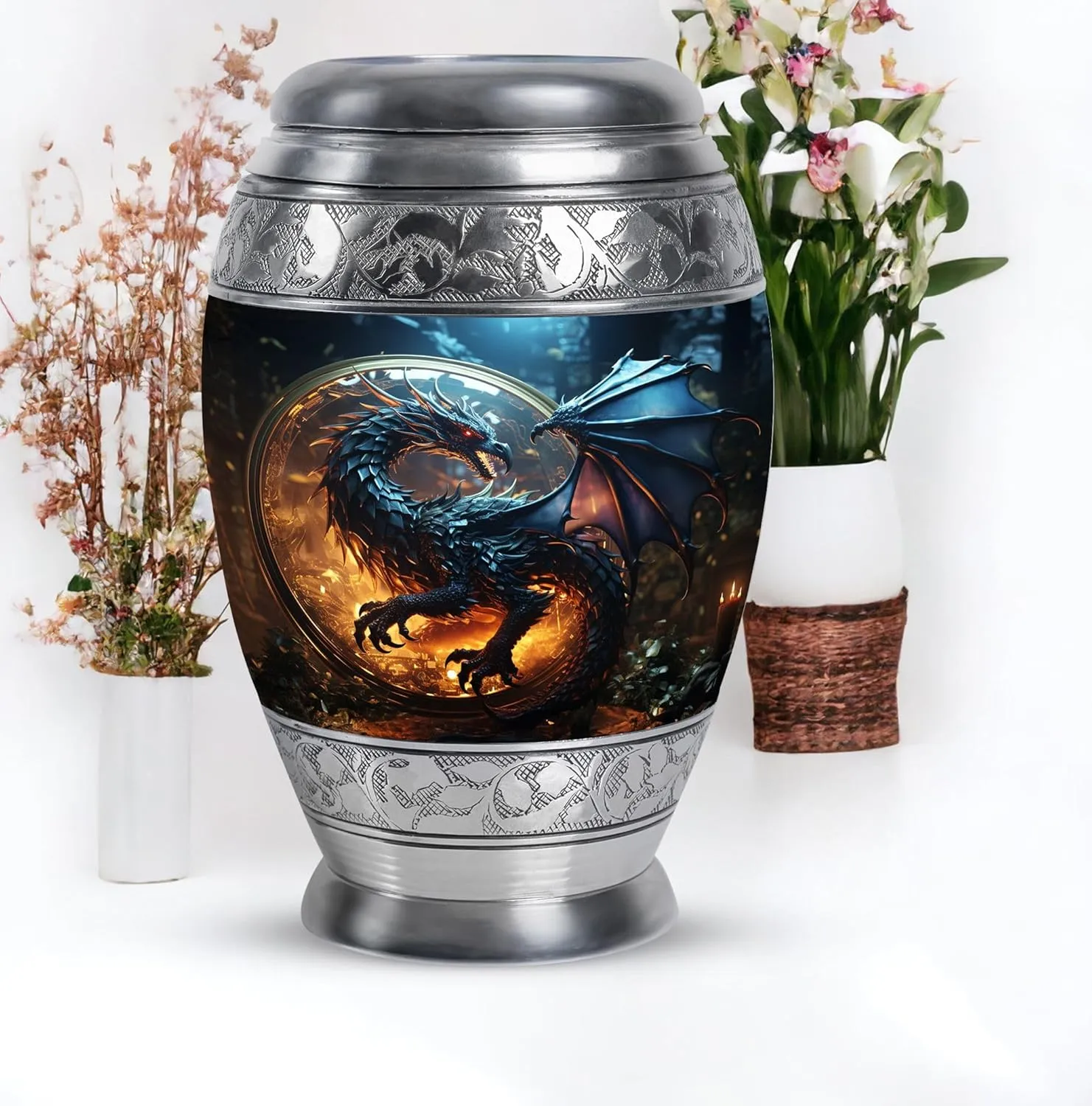 Dragon of The Enchanted Globe - Burial Urns for Adult Human Ashes - Large & Small Keepsake for Men & Women - Combo of 1 Large Urn with Velvet Bag and 1 Small - Memorial Urn - Decorative Urns