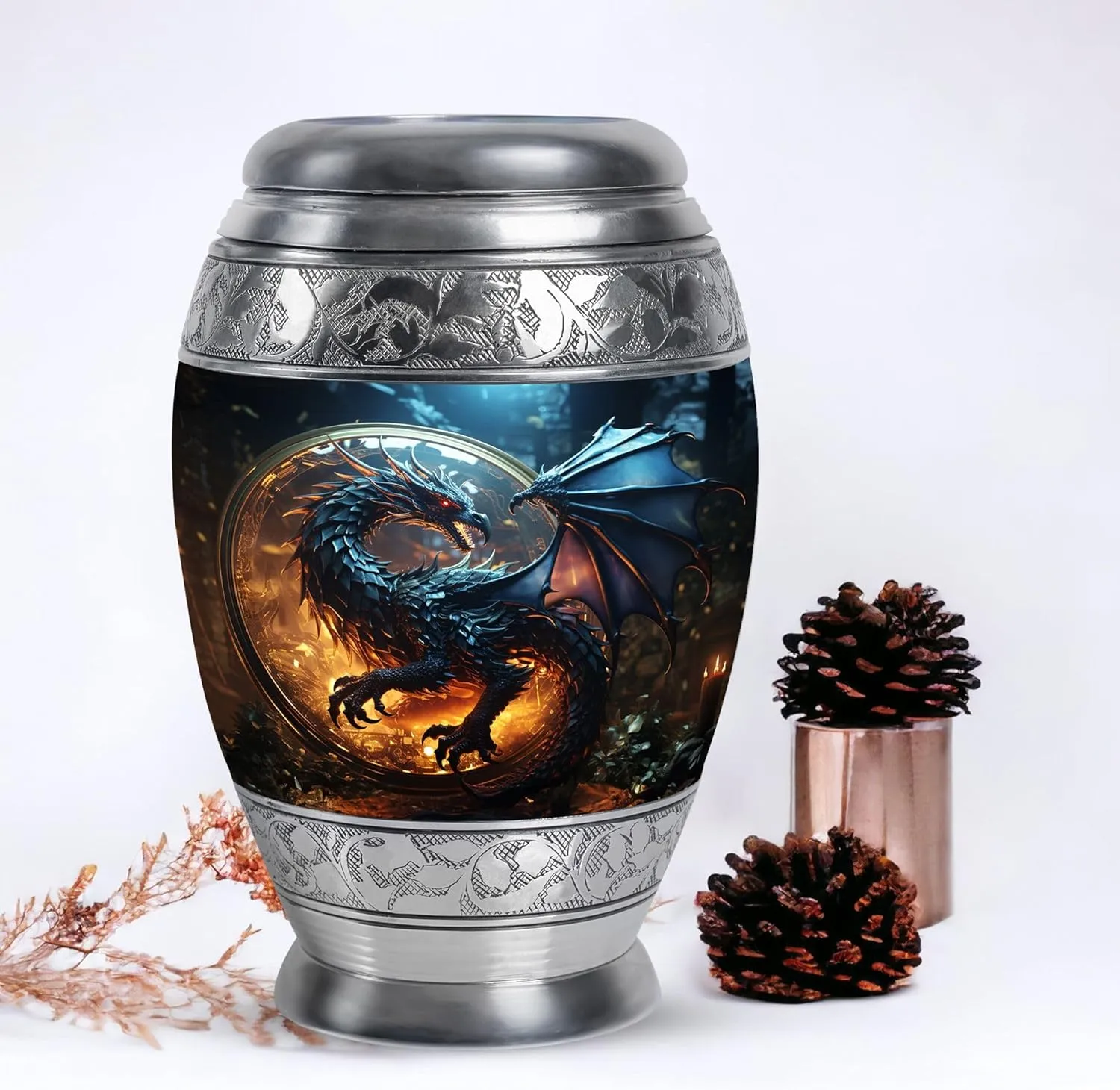 Dragon of The Enchanted Globe - Burial Urns for Adult Human Ashes - Large & Small Keepsake for Men & Women - Combo of 1 Large Urn with Velvet Bag and 1 Small - Memorial Urn - Decorative Urns